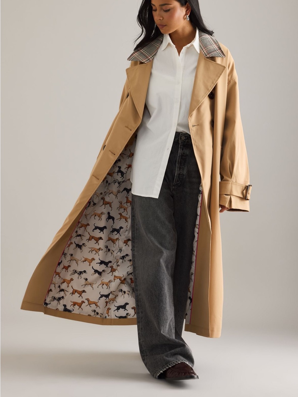 Maeve Camel Trench Coat with Pink Plaid Collar